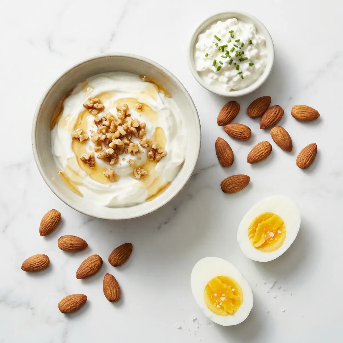 Bowl of Greek yogurt topped with walnuts beside a small dish of cottage cheese and a handful of almonds on a marble surface