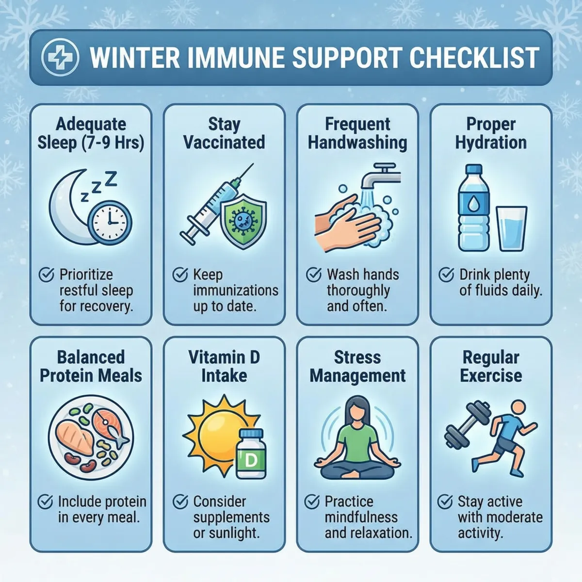 Infographic checklist showing winter immune habits including sleep, vaccination, handwashing, hydration, balanced meals, vitamin D, movement, and stress control