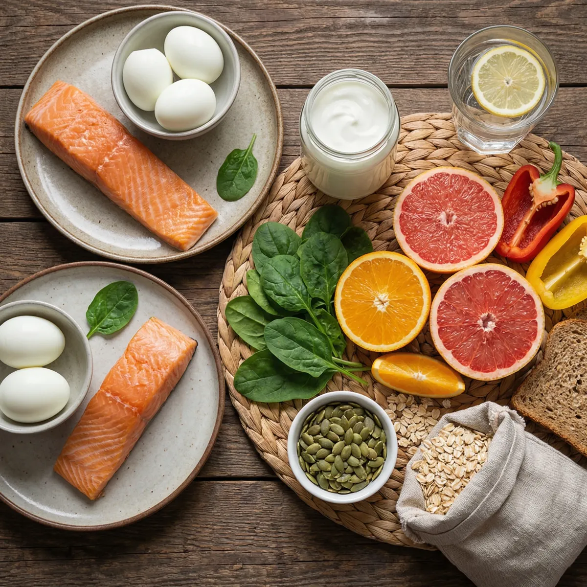 Immune-supportive meal ingredients including salmon, eggs, spinach, citrus, bell peppers, yogurt, seeds, and whole grains
