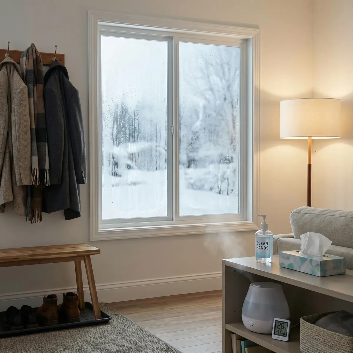 Indoor winter home scene with dry air cues, tissues, hand sanitizer, and warm coats near an entry area