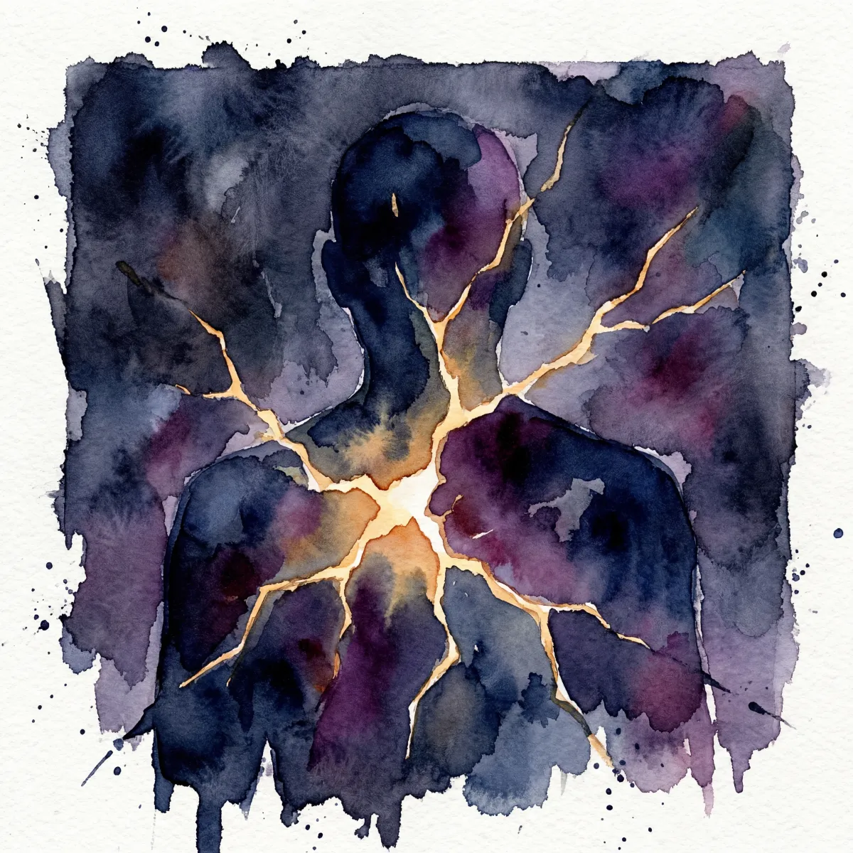 Abstract watercolor painting showing a human silhouette with cracks of light breaking through darkness