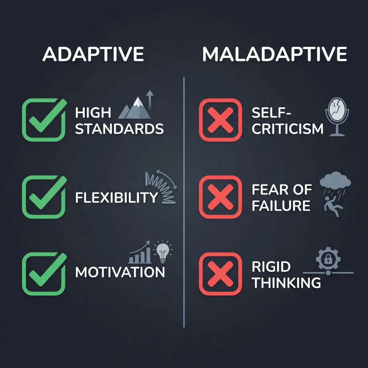 Infographic comparing adaptive versus maladaptive perfectionism traits side by side
