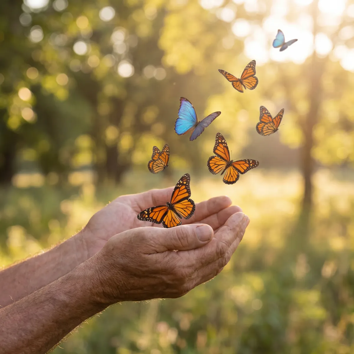 Open hands releasing butterflies into warm sunlight representing letting go and self-acceptance