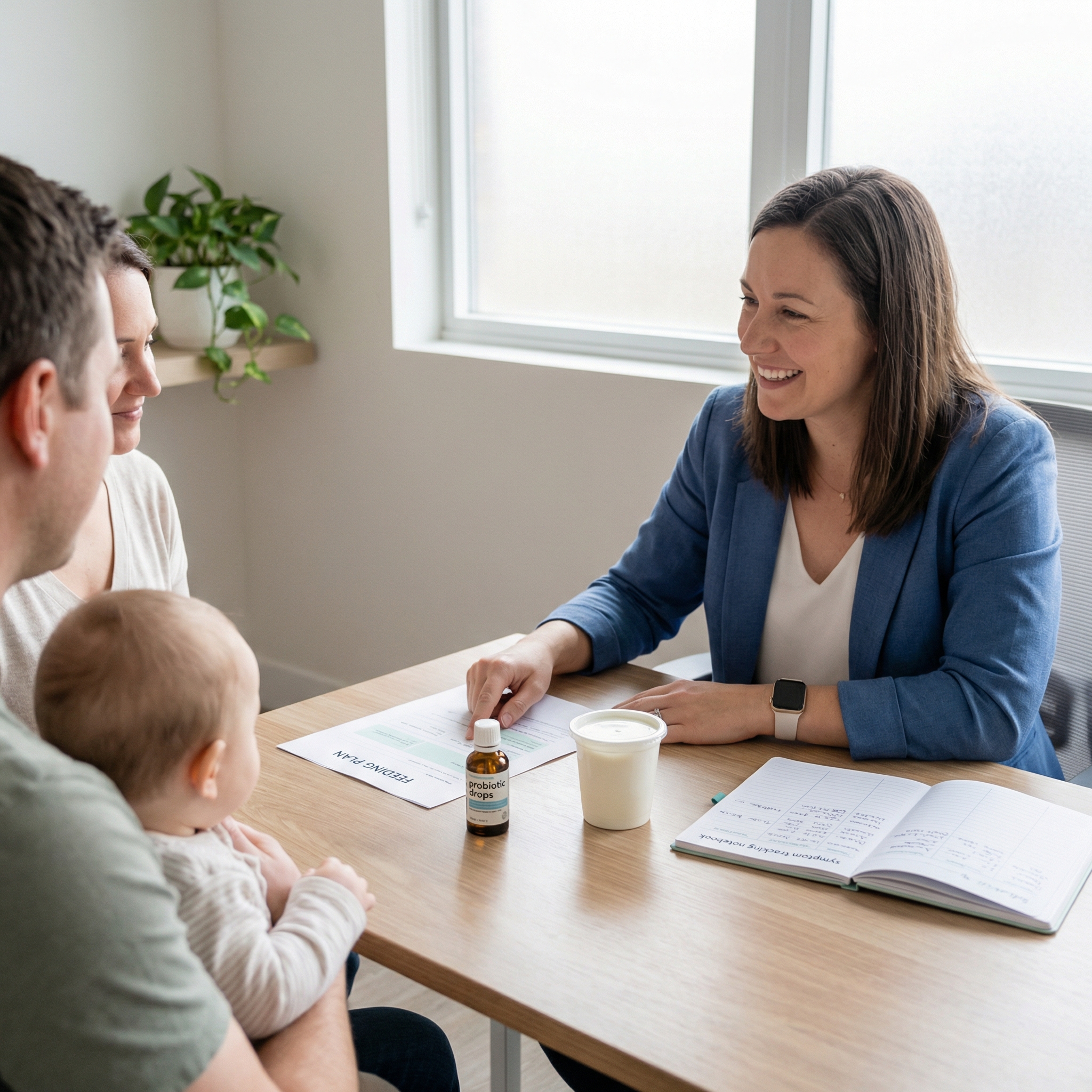 Pediatric dietitian counseling parents on infant feeding plan with probiotic drops and symptom notebook