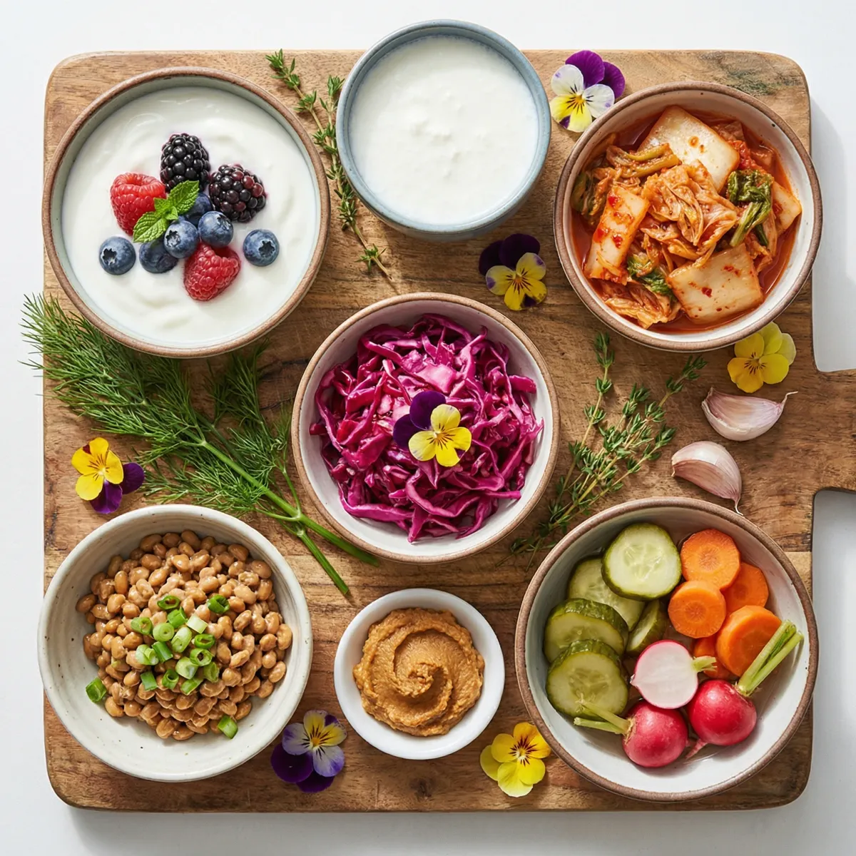 Top-down view of probiotic-rich foods such as yogurt, kefir, kimchi, pickled vegetables, and tempeh arranged on a serving board.