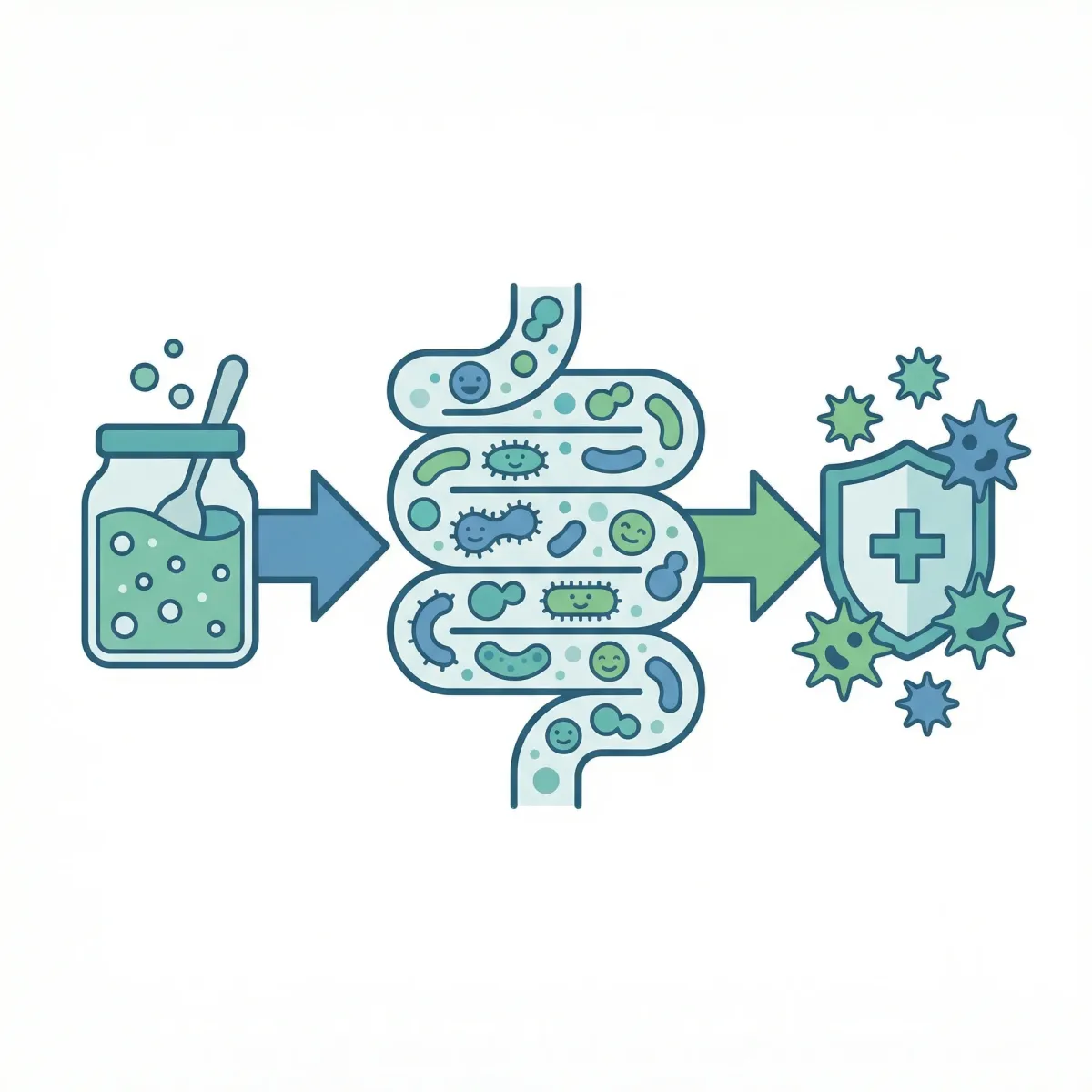 Simple infographic showing probiotic intake, gut microbiome pathways, and downstream immune support effects.