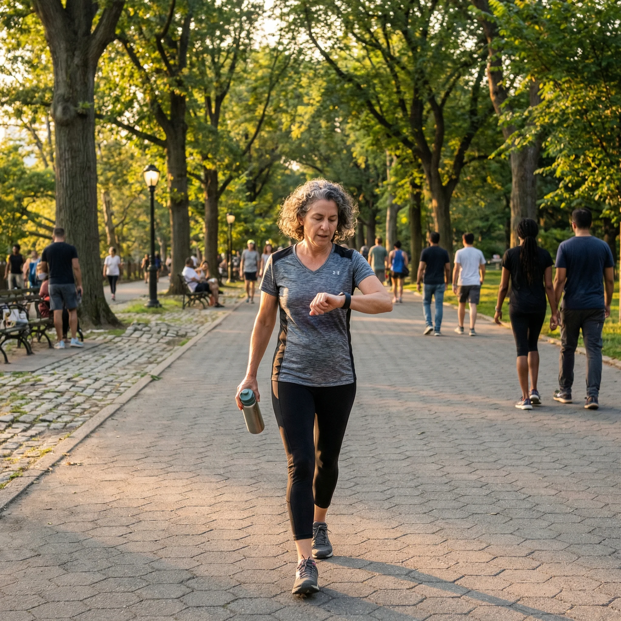 Adult completing a brisk walk with fitness tracker and water bottle on a park path