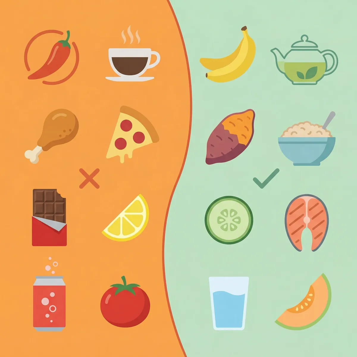 Square infographic comparing common reflux trigger foods with gentler alternatives for evening meals.
