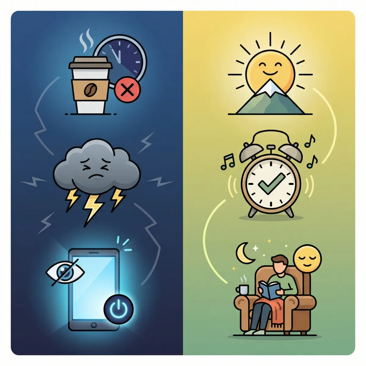 Split infographic showing sleep risk behaviors on one side and protective sleep habits on the other
