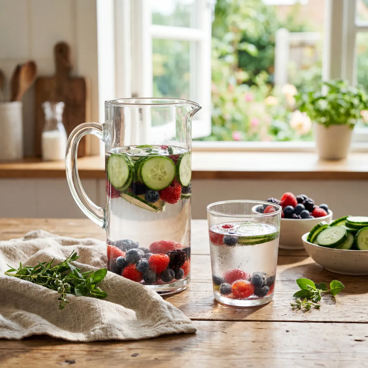 Still life of infused water with fruit and herbs as a strategy to make hydration more appealing.