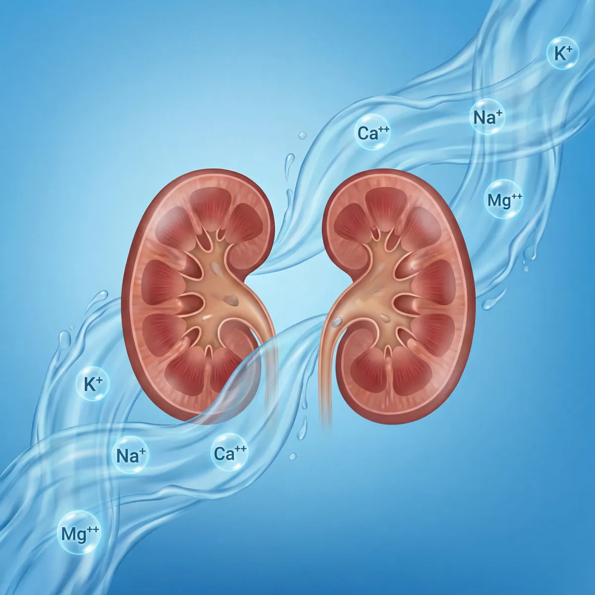 Medical illustration of kidneys and fluid flow highlighting hydration's role in urinary function.