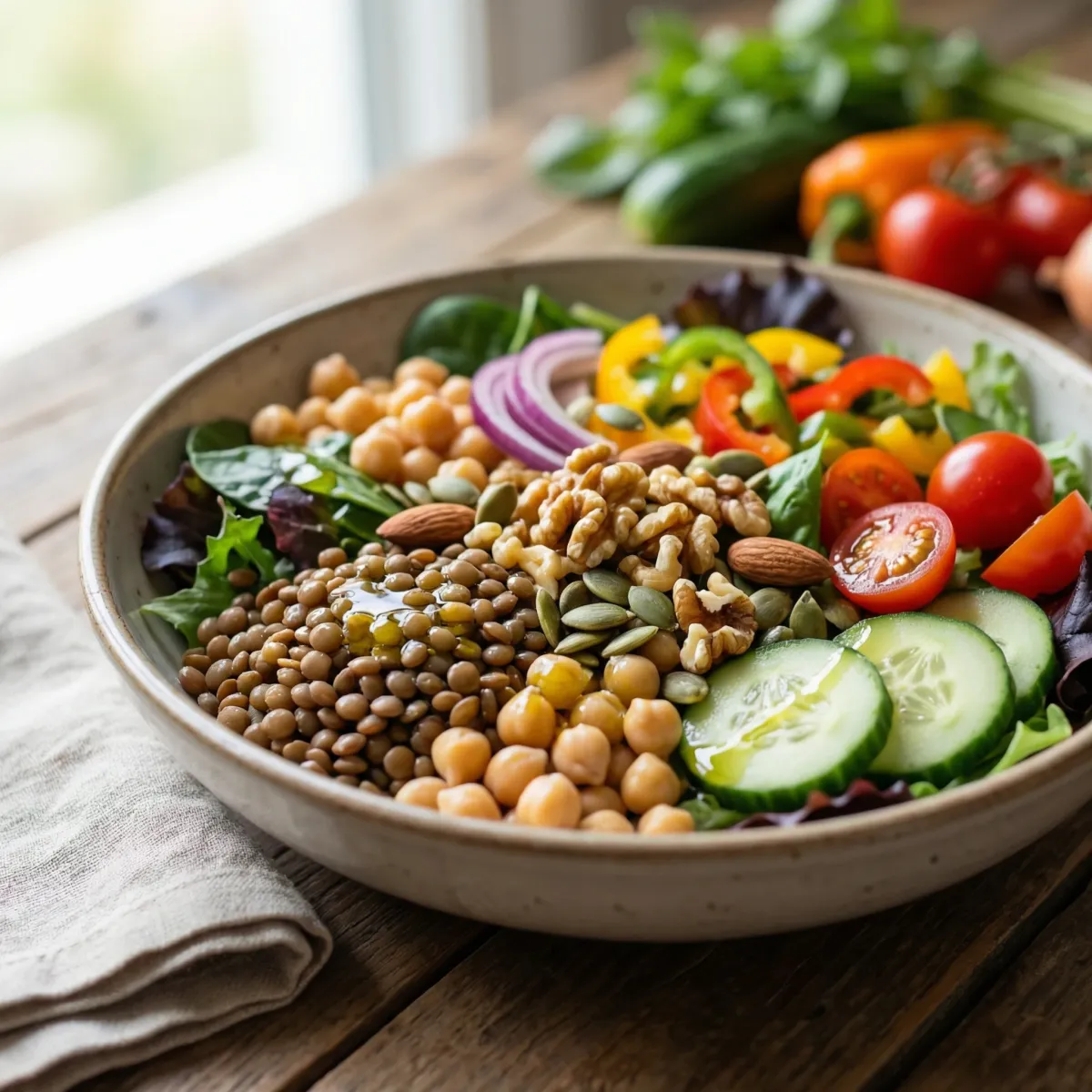 Close-up of a low glycemic bowl with lentils, chickpeas, greens, nuts, and olive oil
