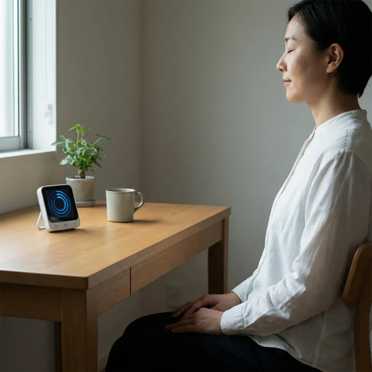 Adult practicing box breathing at a desk beside a visual breathing timer in soft morning light.