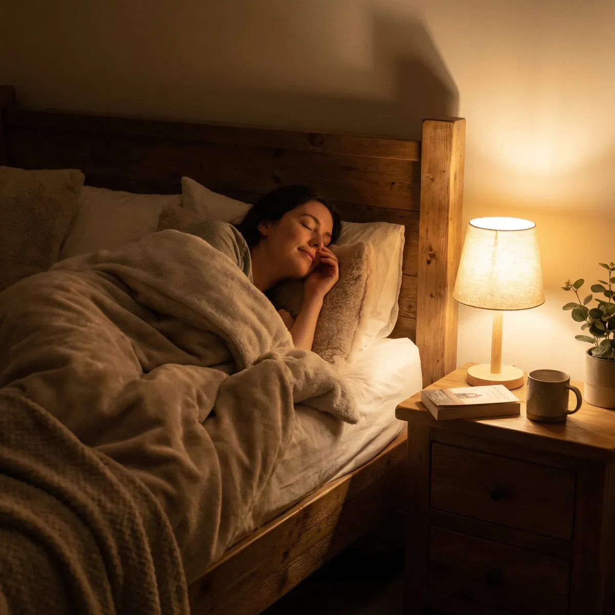 Evening bedroom scene showing a relaxed bedtime environment for slow breathing and sleep wind-down.