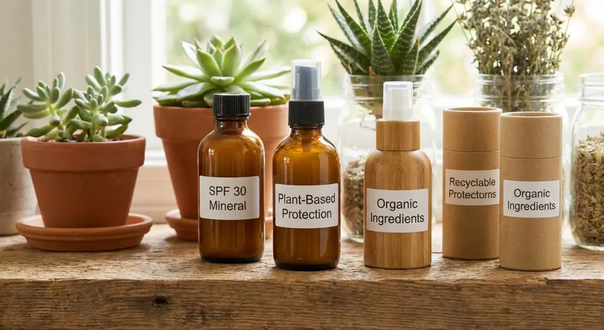 Selection of natural sunscreen products displayed on a wooden shelf with ingredient labels visible showing zinc oxide percentages