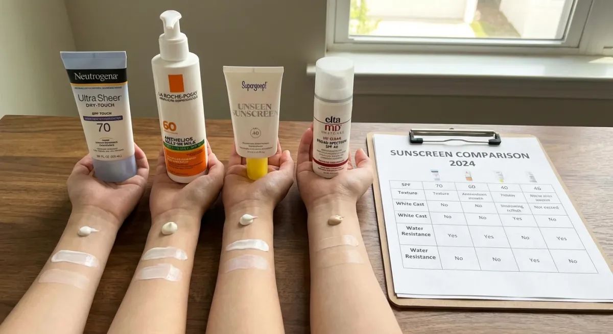 Side by side comparison showing white zinc oxide cream on one side and clear chemical sunscreen lotion on the other against a neutral background