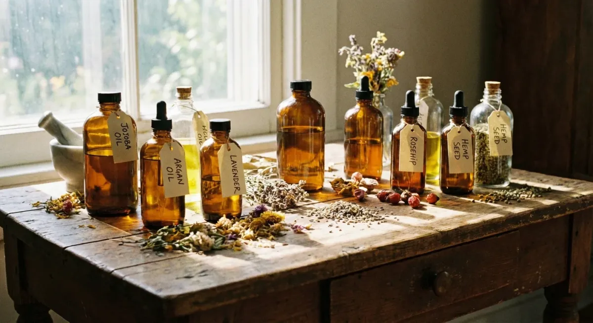 Infographic showing glass bottles of various plant oils including coconut, carrot seed, and raspberry with their actual measured SPF values displayed