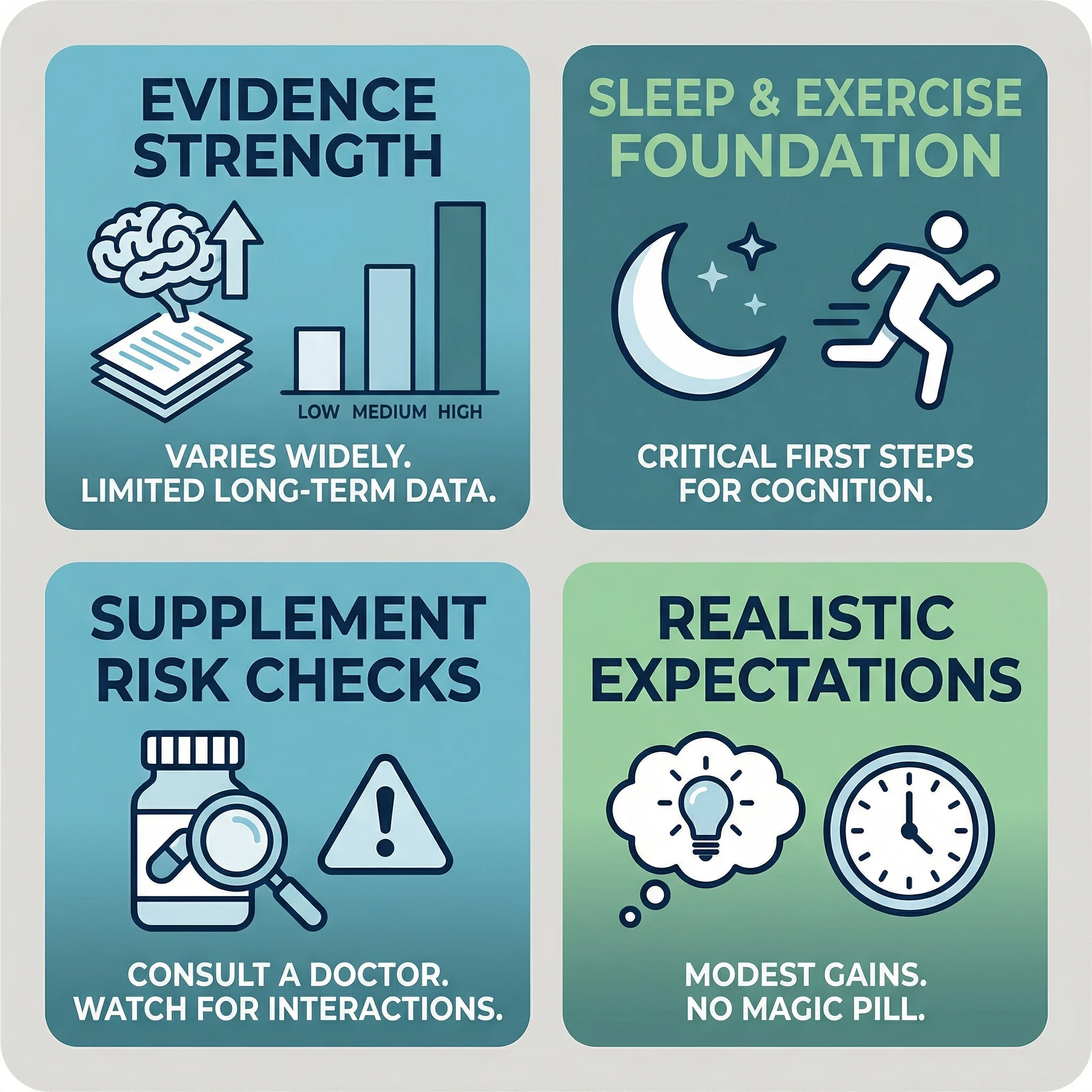 Infographic-style visual summarizing nootropics evidence strength, lifestyle foundations, safety checks, and realistic outcomes