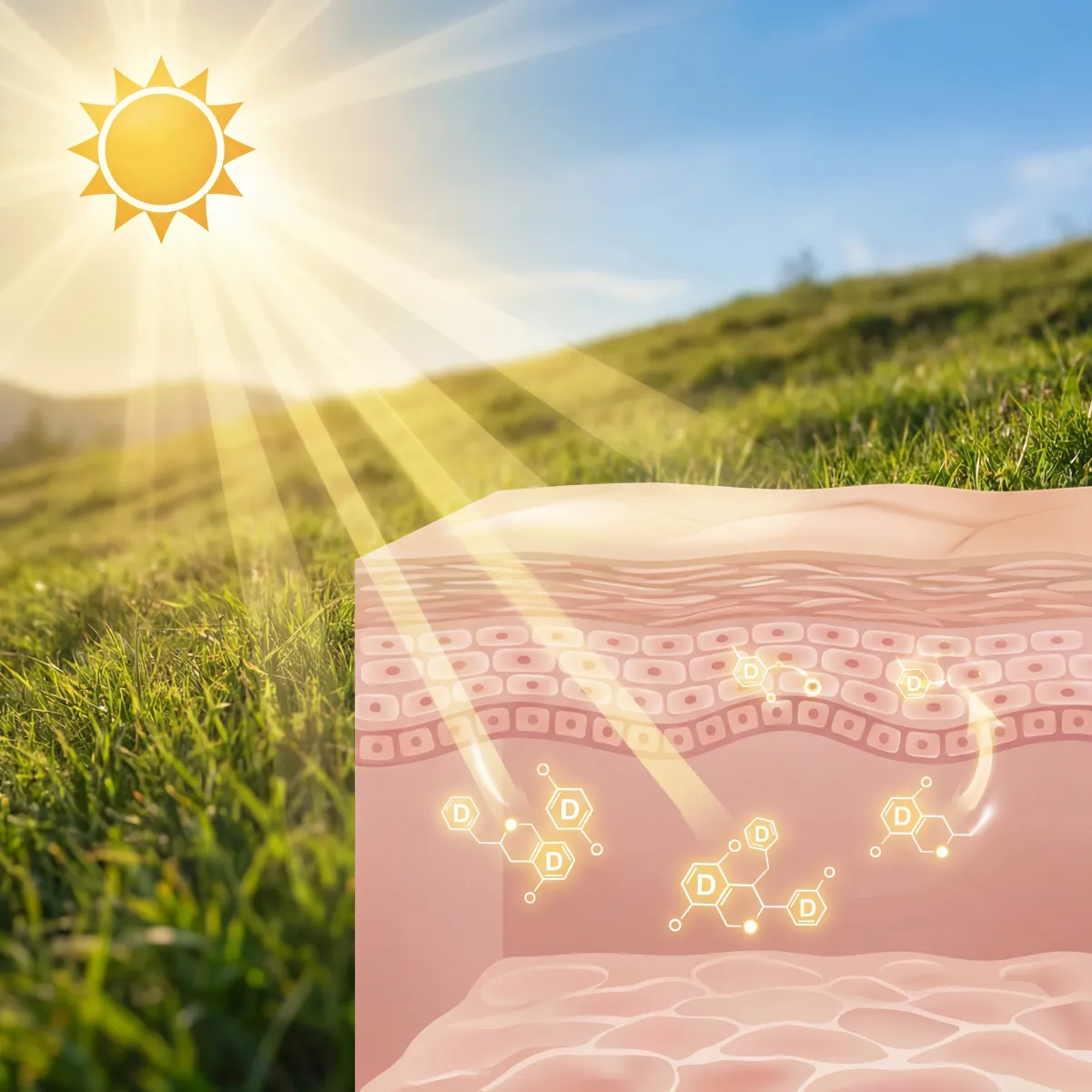 Illustrated scientific scene of sunlight-driven vitamin D synthesis pathways in skin and blood circulation.
