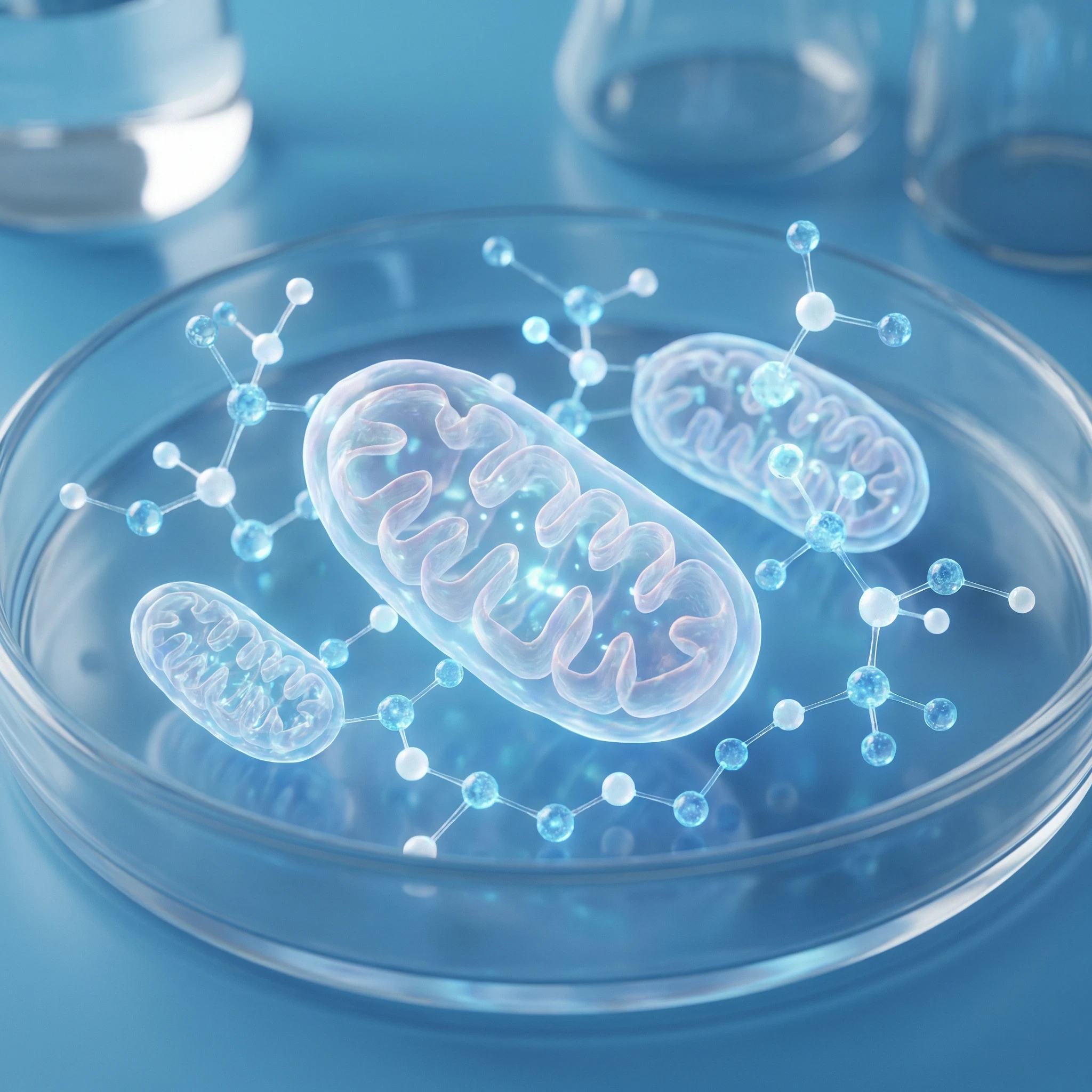 Scientific visualization of mitochondrial energy pathways and vitamin B3 metabolism in a clinical blue setting