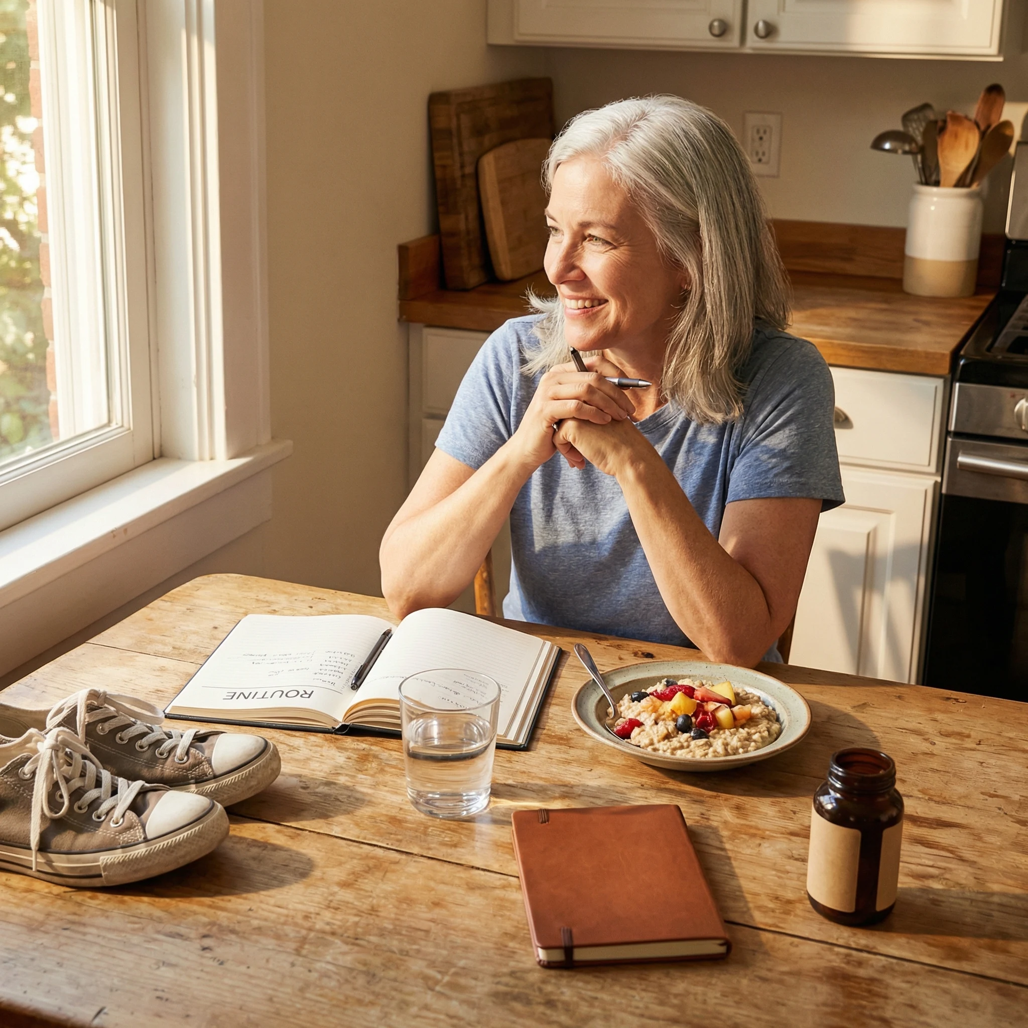 Adult planning a healthy aging routine with nutrition, hydration, sleep planning, movement, and a supplement bottle