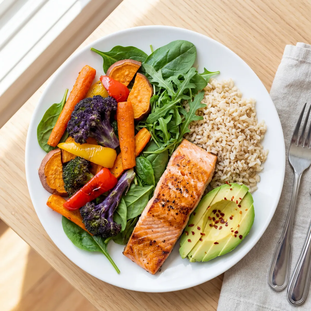 A balanced meal plate showing the half-plate method with colorful vegetables, whole grains, grilled salmon, and avocado
