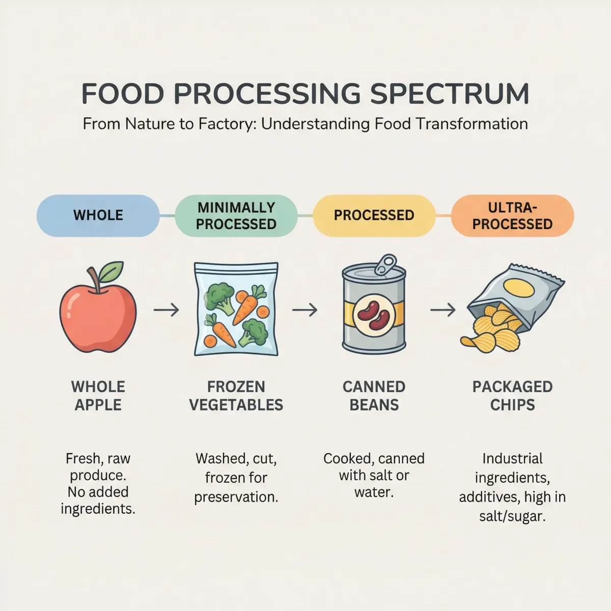 Infographic showing the processing spectrum from whole foods to ultra-processed foods with examples at each stage