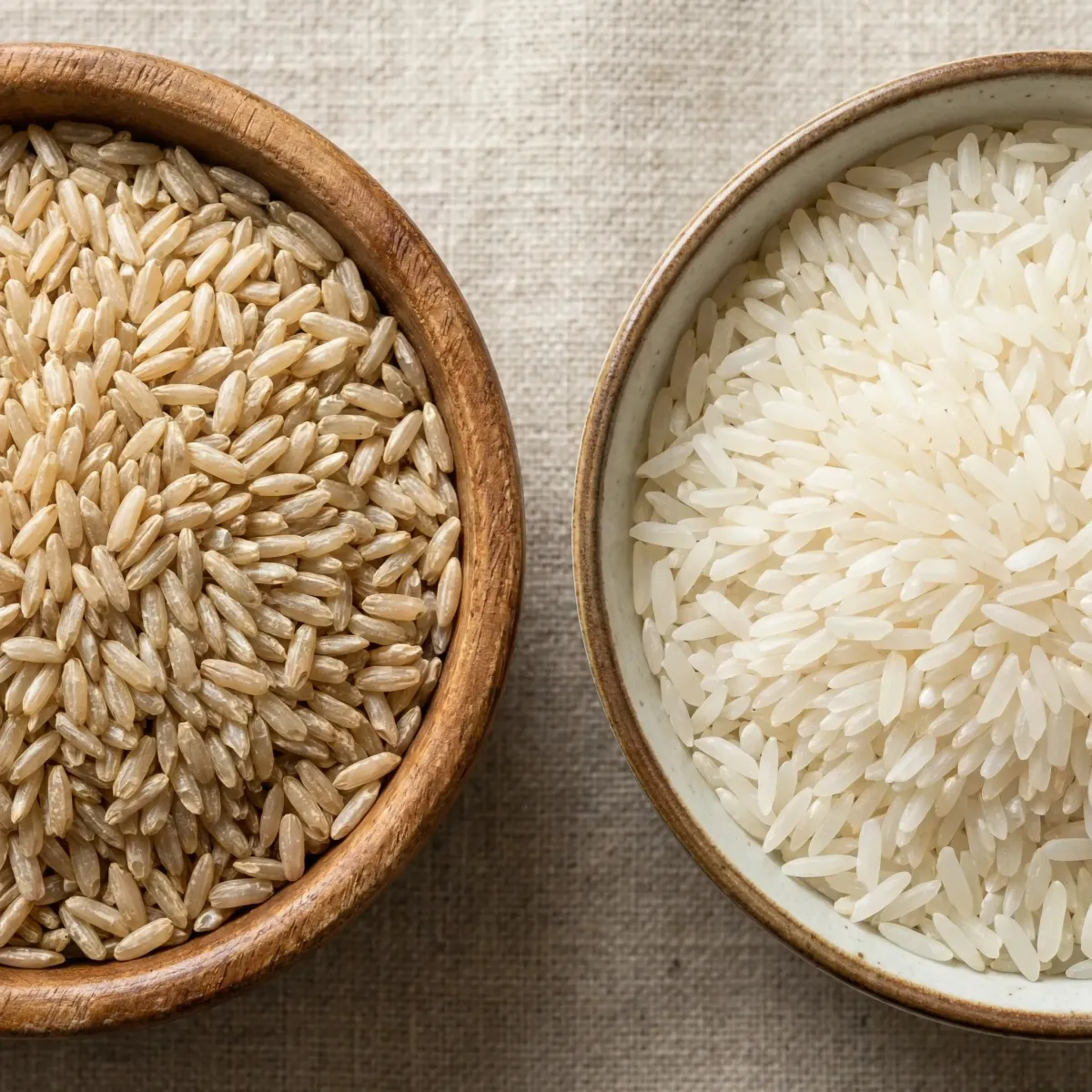 Side-by-side comparison of whole brown rice grains next to a bowl of refined white rice showing visual differences in processing
