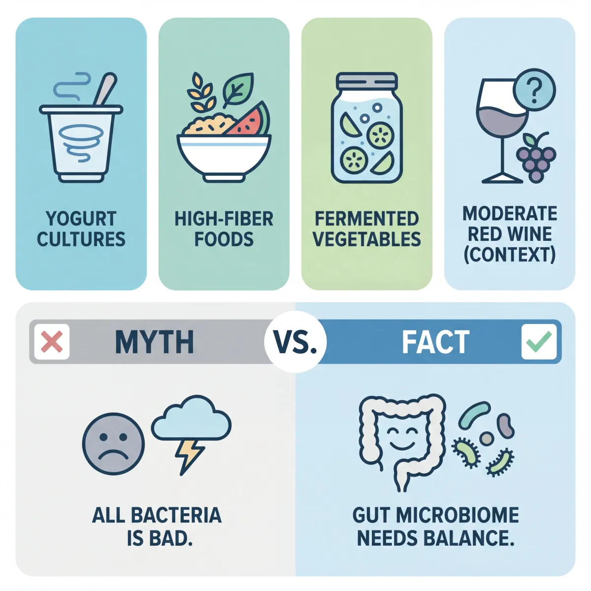 Infographic comparing yogurt cultures, high-fiber foods, fermented vegetables, and moderate red wine context