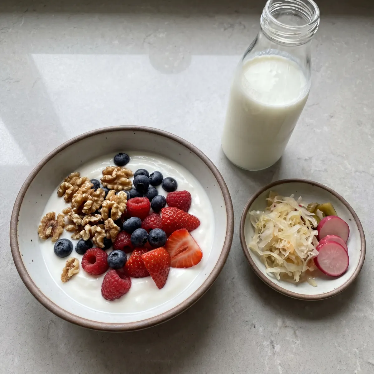 Plain yogurt with berries and walnuts next to kefir and fermented vegetables
