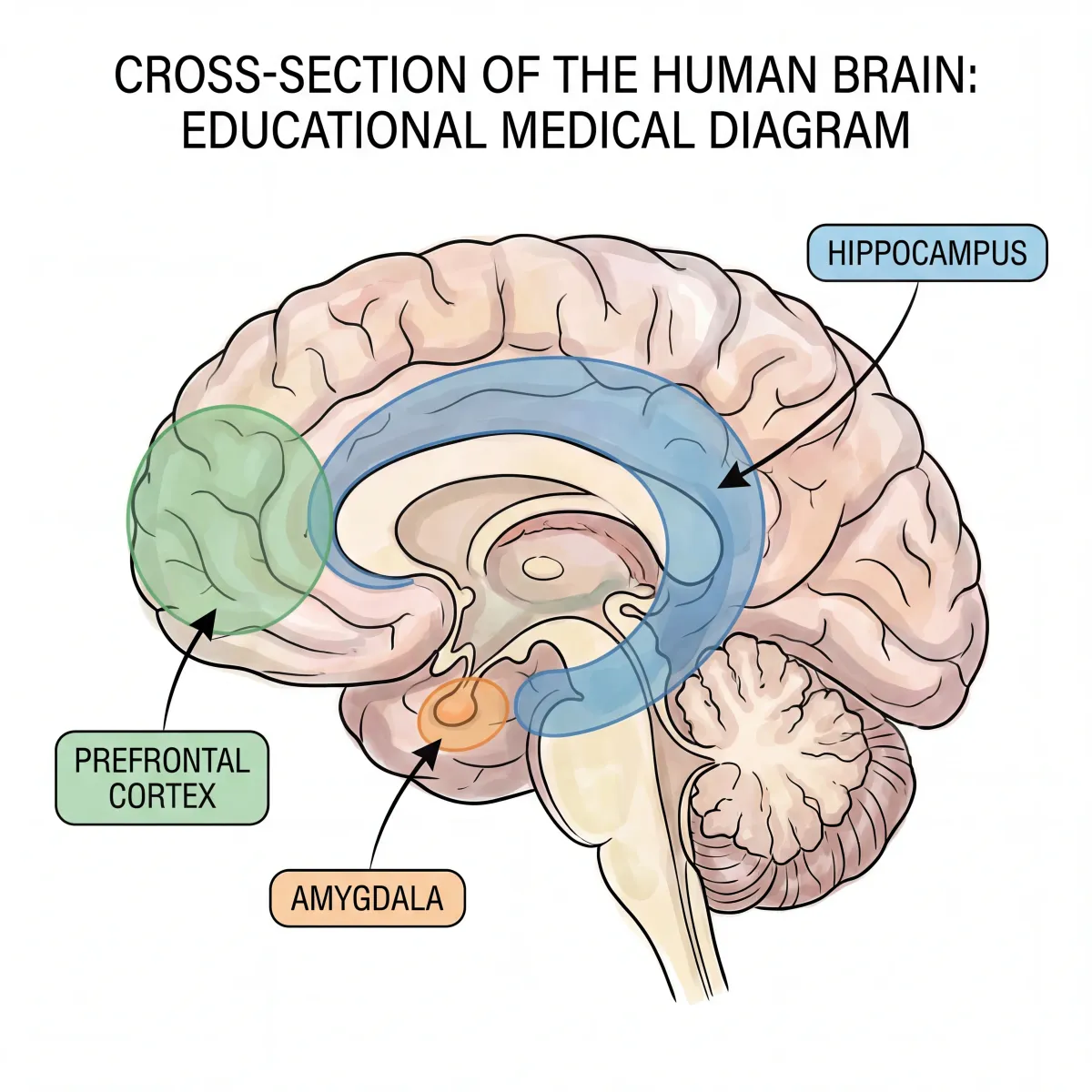 Illustrated cross-section of the human brain highlighting the hippocampus, amygdala, and prefrontal cortex