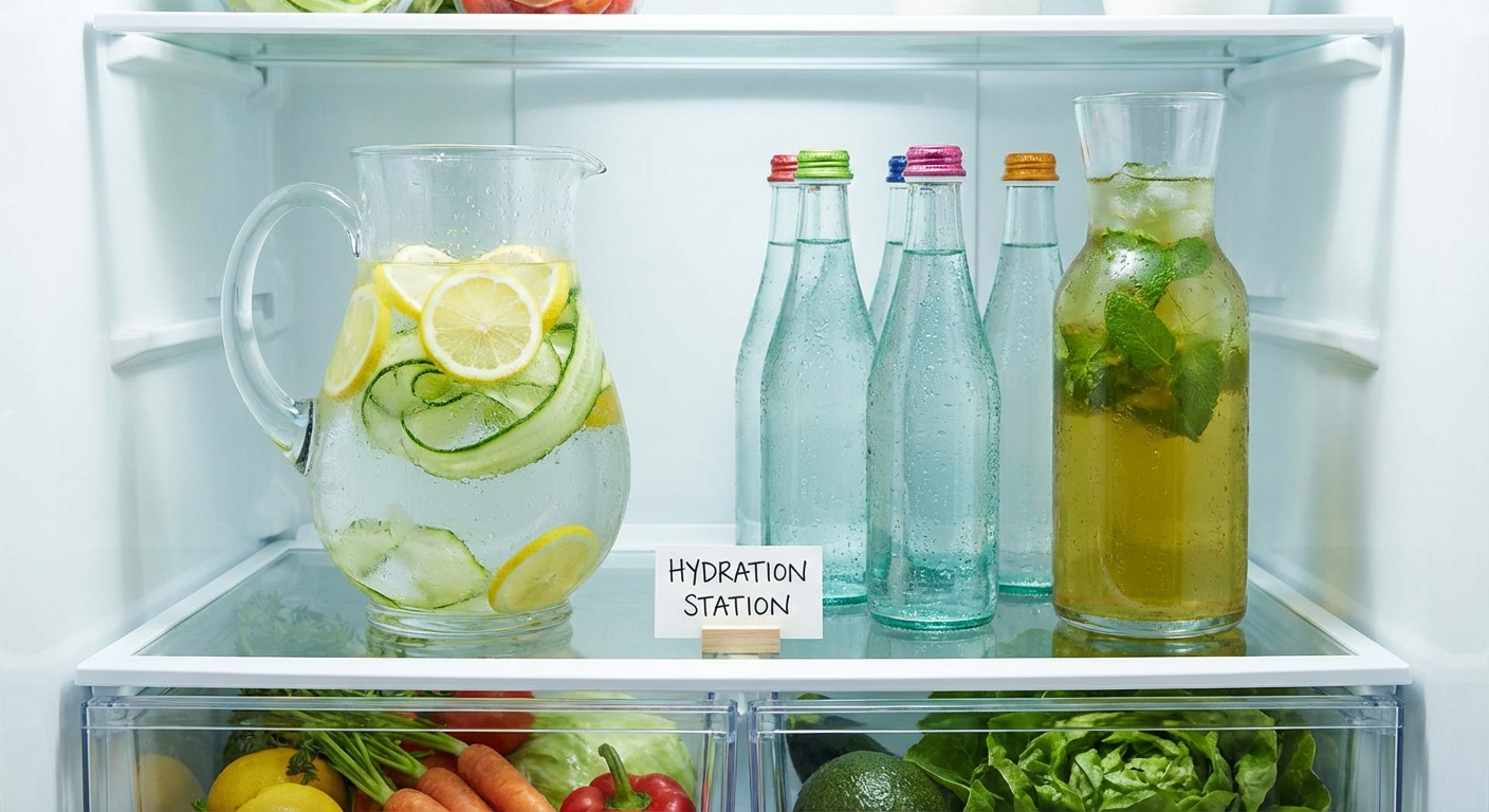 A designated hydration shelf in a fridge with a pitcher of lemon-cucumber infused water and sparkling water bottles.