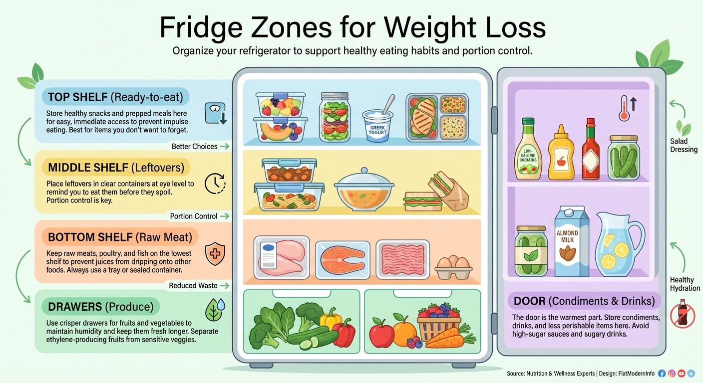 Infographic illustrating strategic fridge zones: Top shelf for ready-to-eat foods, middle shelf for leftovers, bottom for raw ingredients, and drawers for produce.